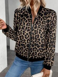 Chaqueta bomber de mujer con estampado de leopardo Keke Bloomly Christmas, con cremallera completa, cuello de béisbol, manga larga, ajuste regular, tela tejida, chaqueta ligera, moda