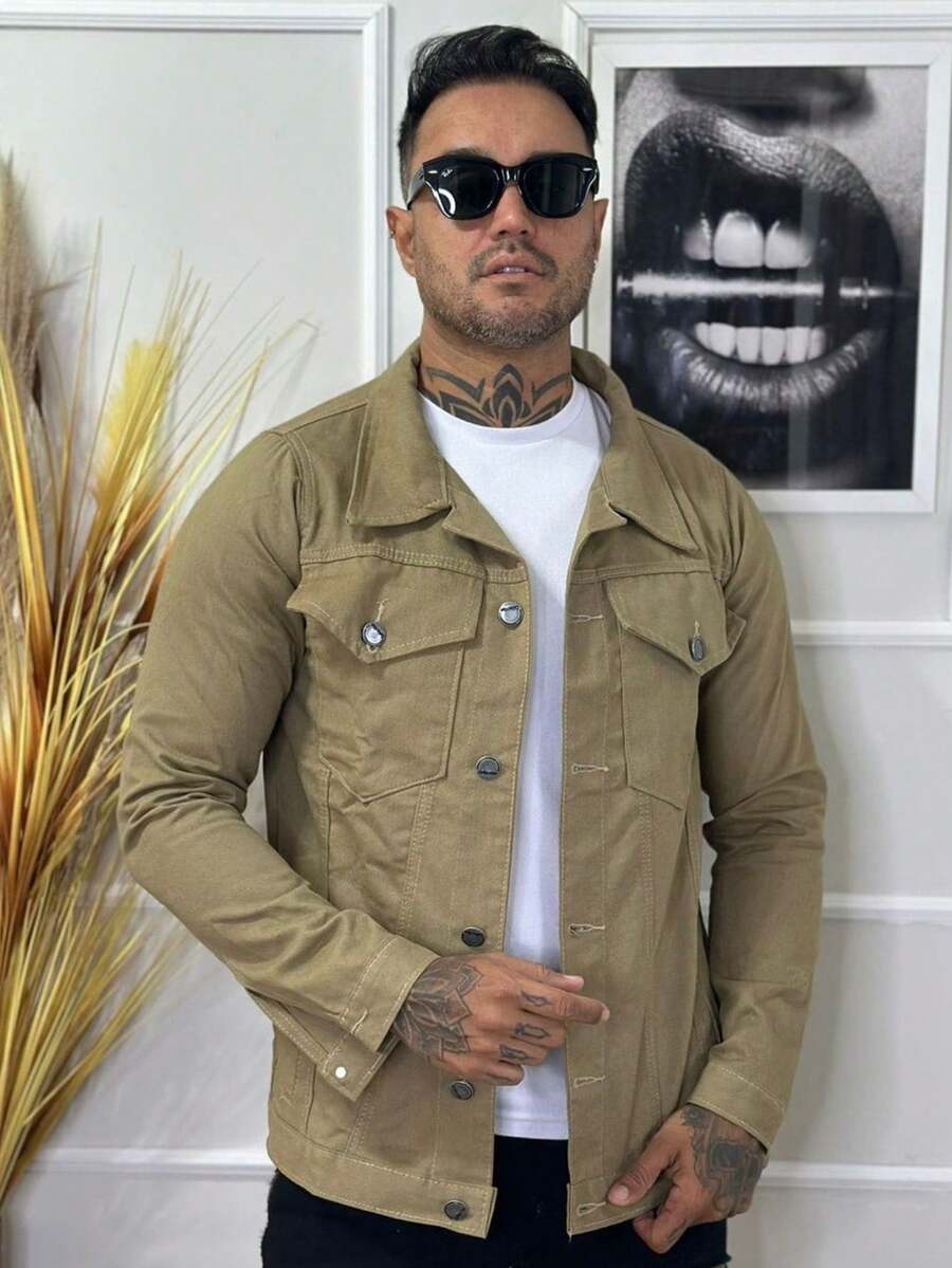 Men's Denim Jacket - 卡其色 - 查看 1