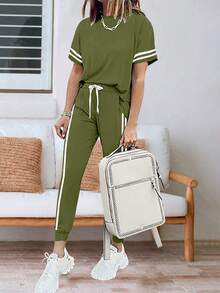 夏季女士无袖条纹短袖上衣和口袋侧条纹裤慢跑套装家居休闲运动装