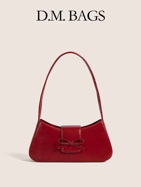 1pc Vintage Minimalist Ballerina Bowknot Angora Red Decor One Shoulder Baguette Bag, Suitable For Dates, Outings, Parties, Valentine's Day