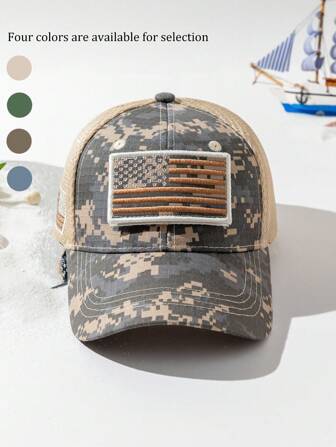 1 pièce Casquette de baseball décontractée pour hommes en maille respirante avec drapeau à boucle et à crochet brodé, camouflage numérique, convenant aux activités extérieures, à l'entraînement en jungle, aux sports