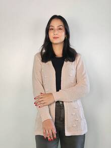 Polka Dot Knitted Cardigan Coat - 粉紅米色 - 查看 2