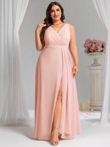 优雅V领无袖褶皱胸部高开衩伴娘礼服，适合婚礼派对和婚礼宾客穿着 - 淺粉色 - 查看 4