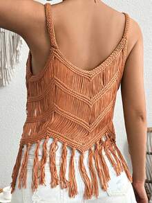 定制款女士针织流苏吊带背心，镂空沙滩风休闲夏季 - 棕色 - 查看 2