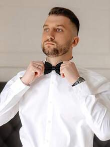 1pc Men Solid Color Bow Tie, Double-Layered Polyester Tie For Groom, Groomsman, Waiter, Bowknot Men Necktie