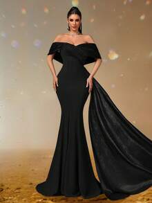Smilprince Black Off-Shoulder Fishtail Evening Dress With Draped Shoulder Cape And Train, Elegant Mermaid Gown, Formal Evening Dress, Wedding Guest Dress, Prom Dresses For Women,Elegant Gown,Luxury Dress,Party Gown,Long Formal Dress - Black - View 7
