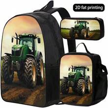 3 PiecesTractor Pattern Backpack, Harvester Pattern Backpack, Lunch Bag, Pen Pouch, Lightweight Polyester, Unisex - Multicolor - View 2