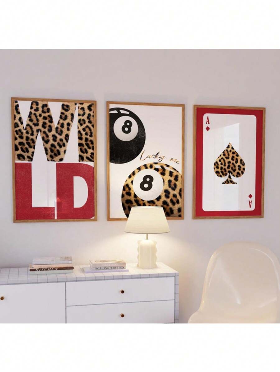 Ensemble de 3 affiches à imprimé léopard rouge, étoile, boule de chance 8, style girly pour dortoir ou appartement. Ensemble de peintures sur canevas avec imprimés animal guépard pour décoration murale dans le salon. Option cadre disponible