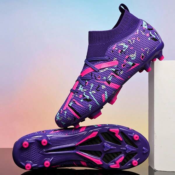 1 par de zapatos de fútbol/fútbol para hombres de caña alta, zapatos deportivos para exteriores, diseño de tacos FG, parte superior de piel de PU, antideslizante y duradero, suela de TPU, para uso profesional en partidos, adecuado para campos embarrados y de hierba corta