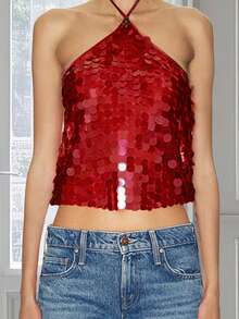 Women Sparkly Sequins Tank Tops Tie-Up Halter Neck Vests Summer Sleeveless Crop Tank Vest Tops - 紅色 - 查看 4