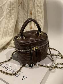 low tea 1 pezzo Borsa a mano in PU color tinta unita, basso tè, borsa a scatola mini vintage alla moda per donna, design con manico superiore, chiusura con cerniera, adatta per viaggi, shopping, appuntamenti, regalo da donna, perfetta per pendolarismo, attività all'aperto, viaggi, escursioni e uscite - Caffè - Visualizzare 5