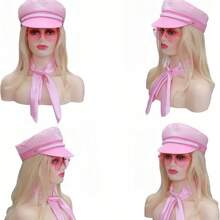 3er Set Yacht Urlaubs-Thema: Rosa Matrosenmütze mit Schal; Süße Herzbrille; Modische Marine Kappe Basis Set, Urlaubsspaß Cosplay Party Requisiten & Accessoires für Frauen Halloween