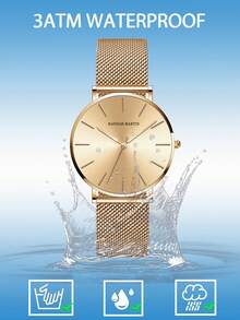 HANNAH MARTIN 1pc Women's Elegant Quartz Watch, 3ATM Water Resistant, Rose Gold Stainless Steel Mesh Strap, Japanese Quartz Movement, 36mm Round Case, Timeless Fashion Watch, Comes With Exquisite Black Gift Box, Suitable For Girlfriend & Mother Gifts - Gold - View 8