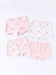 4pcs Girls Cute Cherry Bow Cartoon Print Briefs, All Season