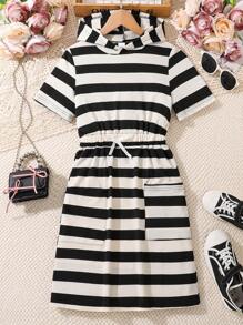 Casual Striped Hooded Knit Short Sleeve Dress For Big Girls