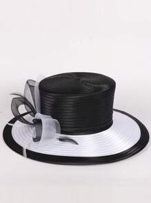 HIMESPORT Sombreros de boda para mujer verano 2025 - Bombín vintage con ribete de cinta de encaje, sombrero de cúpula elegante de ala ancha para el té, la iglesia y los accesorios nupciales, diseño de copa plana ajustable negro/blanco