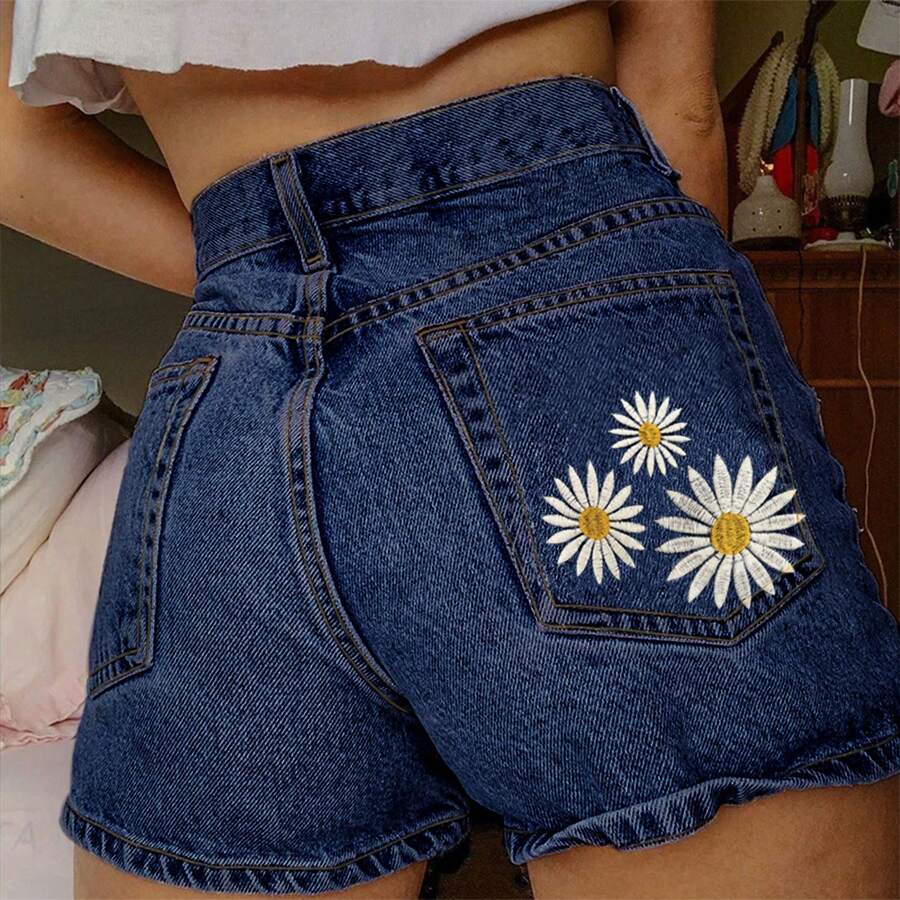 Women's Elastic Denim Embroidered Pocket Shorts - Blue - View 1