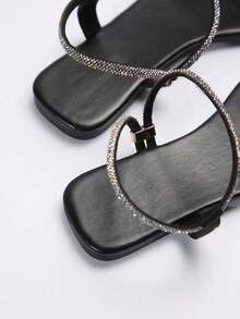 女士精美水钻装饰平底拖鞋，时尚百搭凉鞋，适合约会、街头、派对、通勤、度假、居家休闲、春夏穿搭 - 黑色 - 查看 8