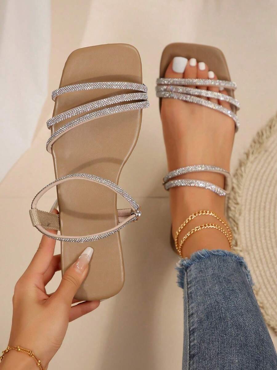 Women's Fashion Crystal Rhinestone Flat Slippers, Versatile Beach Sandals Suitable For Date, Shopping, Party, Commuting, Vacation, And Casual Home Wear, Summer