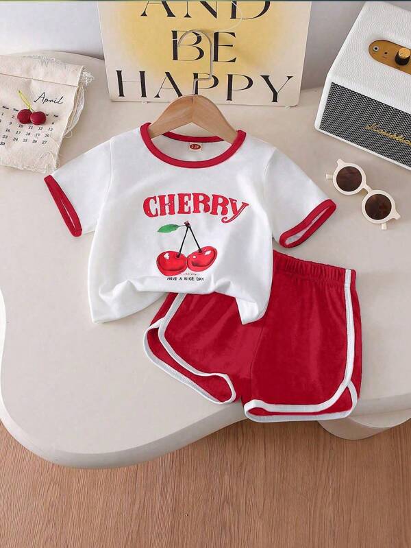 Set de 2 piezas, top informal con estampado de cerezas + shorts versátiles y sencillos para niñas pequeñas