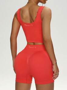 Sportliche Damen Weste und Shorts, hautfreundliches Material, figurbetonend, lässig und vielseitig, geeignet für alle Jahreszeiten, Sport und Yoga - Rotorange - Übersicht 1