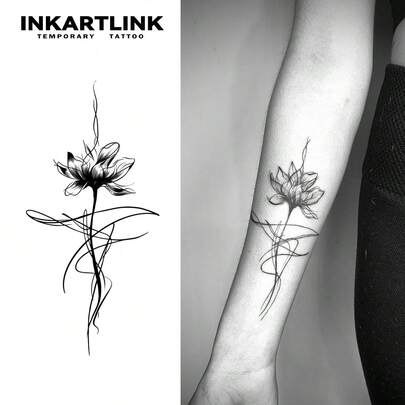 INKARTLINK Hình xăm tạm thời - 1 hình xăm hoa sen, hình xăm giả chân thực dán cánh tay, chống nước và mồ hôi, kéo dài 1-2 tuần, hình dán nghệ thuật cơ thể cho phụ nữ