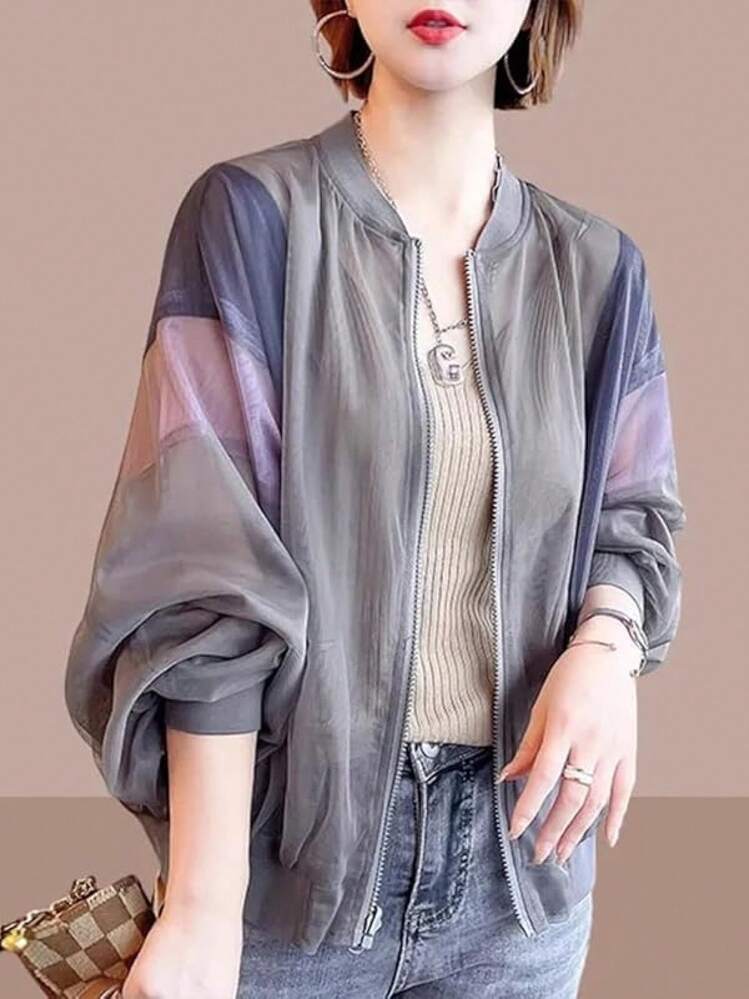 ラッシュガード レディース サマージャケット 夏 アウター 薄手 ジャンパー オーバーサイズ uvカット 日焼け止め服 冷房対策 カーディガン 透け感 通気性 吸汗 大きいサイズ アウトドア - グレー - 見る 1
