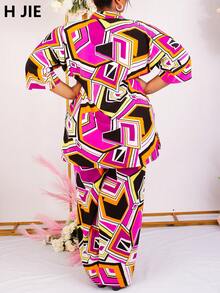 2 Pieces Plus Size Women Set, Featuring Vibrant Geometric Print, Designed For Fashionable Curvy Ladies, Bold & Beautiful - Pink - View 5