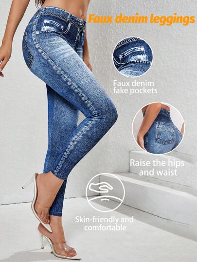 Women's Faux Denim Print Yoga Leggings - High Waist Tummy Control Peach Lift For Women, Breathable 4-Way Stretch Workout Leggings With Faux Pockets (Commute, Gym, Casual)