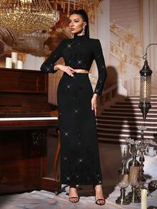 Modphy New Luxury Handmade Bead & Rhinestone Embellished Solid Color Stand Collar Long Sleeve Diamond Decor Crop Top & Long Skirt 2Pcs Suit Party Dress, Black - Black - View 5