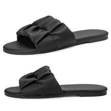 Women Sandals Square Toe Pleated Flat Summer Slippers Effortless Style - 黑色 - 查看 5
