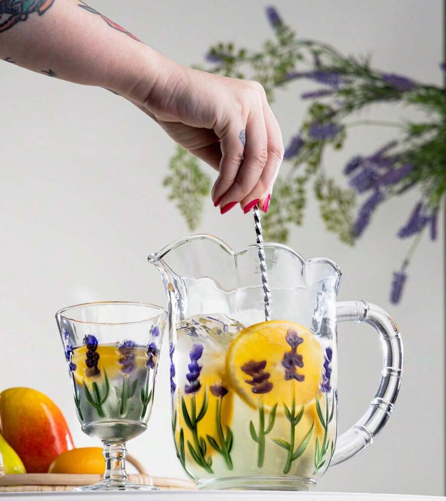 Jug With 6 Crystal Glasses Lavender Hand Painting 1.3l - Lyor