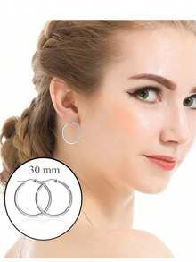 1 Cặp bông tai vòng tròn cổ điển bằng thép không gỉ, bông tai tròn lớn phóng đại không gây dị ứng không phai màu màu bạc và vàng dành cho phụ nữ - Bạc - Xem 4