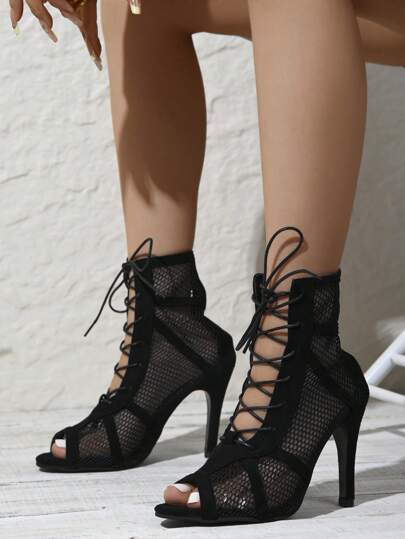 Stivaletti alla caviglia da donna di nuova moda, design elegante e traspirante in maglia, decorati con lacci, con punta aperta, antiscivolo, tacco a spillo sottile