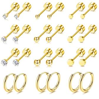 12 Pairs Small Tiny Stud Flat Back Earring Hypoallergenic Gold Studs 14K Surgical Steel Earring Sets For Multiple Piercing Cartilage Hoop Earrings