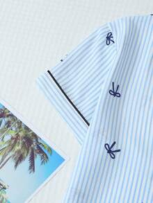 2pcs/Set Women Comfortable Blue Stripe Bow Pattern Lapel Button Short Sleeve Top With Pocket And Bowknot Shorts Pajama Set, Suitable For Home Use, Spring/Summer, Cool Light Blue - Blue - View 6