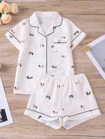 2pcs/Set Print Women Pajama Set, Lightweight Bubble Crepe Short Sleeve Collared Cardigan Top And Loose Shorts, Casual Sleepwear And Loungewear Set, Suitable For All Seasons