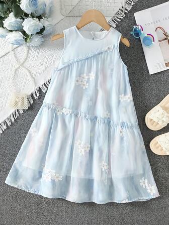 女童夏季雪纺刺绣碎花连衣裙，内置短裤，休闲