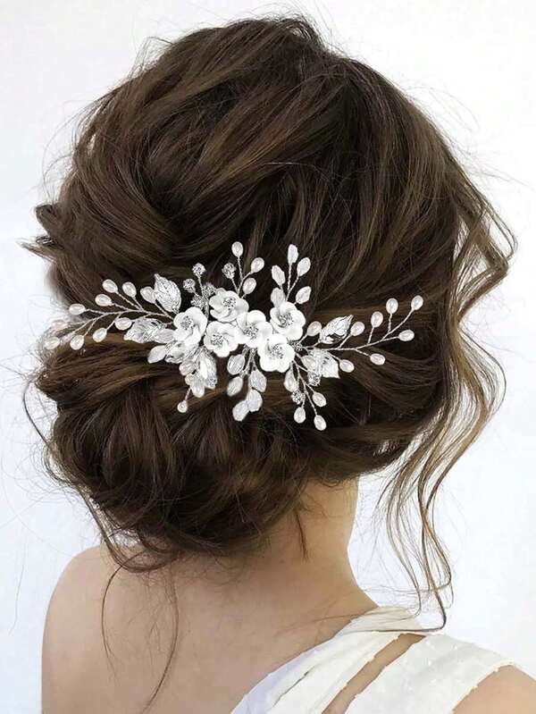 1pc Vintage-Style Chinese Faux Pearly Flower Hair Comb, Elegant Crystal Flower Bridal Headpiece, School Stuff, Faux Pearl Hair Accessories