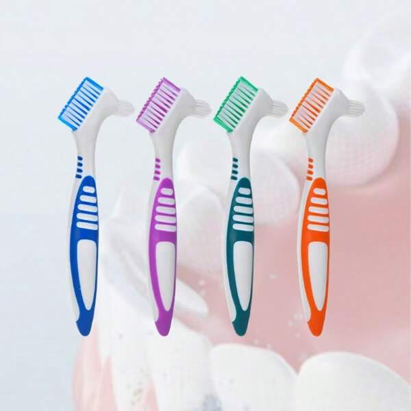1 stuk tandenborstel voor het reinigen van kunstgebitten voor senioren - dubbelzijdig, meerkleurige handgreep (paars, blauw, groen, oranje) met witte borstelharen, geschikt voor onzichtbare beugels en retainers, reinigingsoplossing voor retainers | Gestructureerde handgreep | Stevige structuur