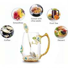 Tea Cup Glass Coffee Mugs,Fancy Tea Cup Set Birthday Christmas Valentine's Day Gift Idea For Tea Lover And Women Novelty Coffee Mugs Rose Flower Enamel Tea Cup Glass Mug With Spoon Set - 藍色和天藍色 - 查看 3