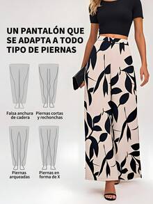 Sensual Star Clasi Pantalones de Mujer de Cintura Alta y Pierna Ancha con Estampado de Plantas, Casuales y Sueltos, para Uso Diario - Caqui - Ver 6