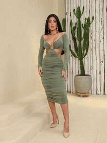 Olive Green Draped Cutout Dress With Long Sleeves – Sophisticated Sensuality And Perfect Fit Simple Elegant Casual Twisted Fabric Ring Crinkle Dresses Evening Daily Birthday Party Night Street Elegant And Casual Spring/Summer