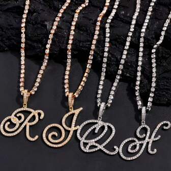 1 件时尚 A-Z 草书字母水晶链项链，适合女士，闪亮冰晶字母吊坠项链，嘻哈珠宝，送礼佳品