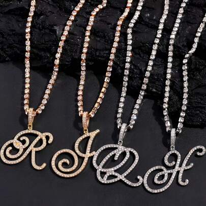 1 Peça Colar com Corrente de Cristal com Letra do Alfabeto Escrita à Mão, Colar Feminino com Pingente de Letra de Strass Brilhante, Joias de Hip-Hop, Opção de Presente Perfeita
