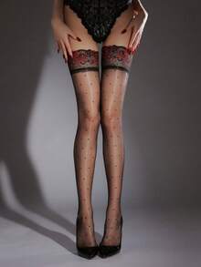 1 双对比色蕾丝极光大腿袜，闪亮波尔卡圆点超薄 1D 连裤袜，玫瑰花边下摆，适合派对、约会和舞台表演 - 全年适用，Y2k - 彩色 - 查看 12