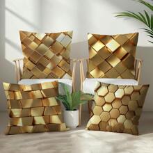 4pcs Simple Gold Geometric Cube Pattern Throw Pillow Covers, Soft Peach Skin Velvet Single Side Printed, 45*45CM Cushion Covers Suitable For Room Decoration, Indoor Sofa Living Room Decor, Party Decoration, Decorative Pillow Gift