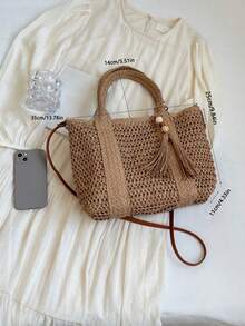 Bolsa de palha para festas, bolsa de praia moderna, lancheira, bolsa de tecido de cor sólida feita à mão com alça longa removível com borla, bolsa casual feminina adequada para festas, feriados, presentes e reuniões - Bolsa de palha - Caqui - Ver 6