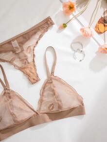 5件套女士纯色唇边荷叶边无钢圈三角杯舒适性感文胸和内裤套装 - 彩色 - 查看 5