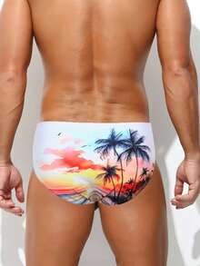 男士时尚休闲水墨日落印花泳裤 - 白色 - 查看 2